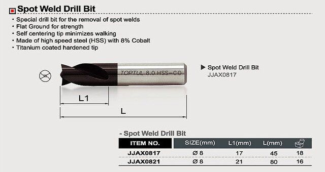 Свердло TOPTUL для висвердлювання точкового зварювання 8 х 45 мм (JJAX0817)